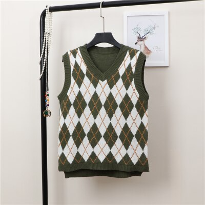Vintage Argyle Sweater Vest Women Knitted Pink Tank Top V Neck Sleeveless Loose Korean Waistcoat Center