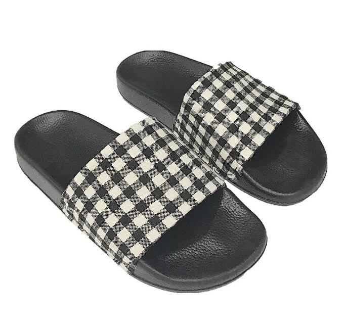 Slippers Women Summer Cotton Fabric Checkered Shoes Slip On Flat Sandals Slides Sandalias m555: Black / 9