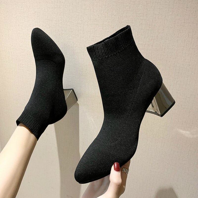 Vrouwen Schoenen Martin Laarzen Hoge Hak Stretch Stof Enkellaarsjes Voor Vrouwen Mode Wees Sok Schoenen Zapatos De mujer