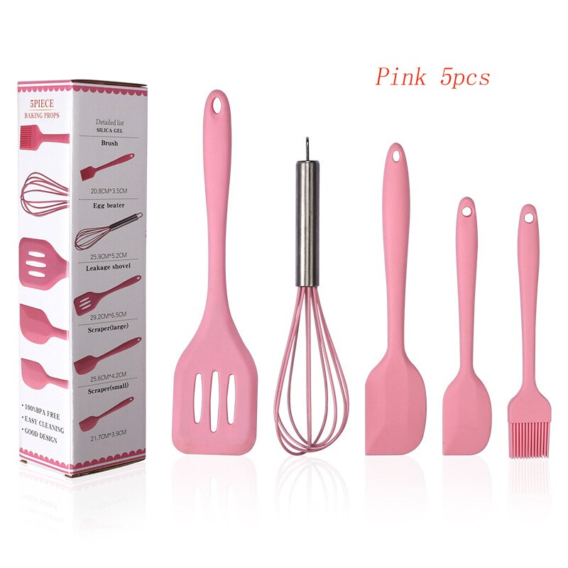 Silicone Kitchen Utensils Set 5/10 Pcs Not-Stick Cooking Tools Spoon Spatula Ladle Egg Beaters Kitchen Accessories Baking Tools: 5pcs  Pink