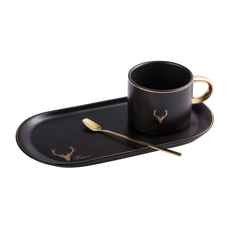 Retro luksuriøse guldkant keramik kaffekopper og underkopper ske sæt med æske te sojamælk morgenmad krus dessert plade: Sort