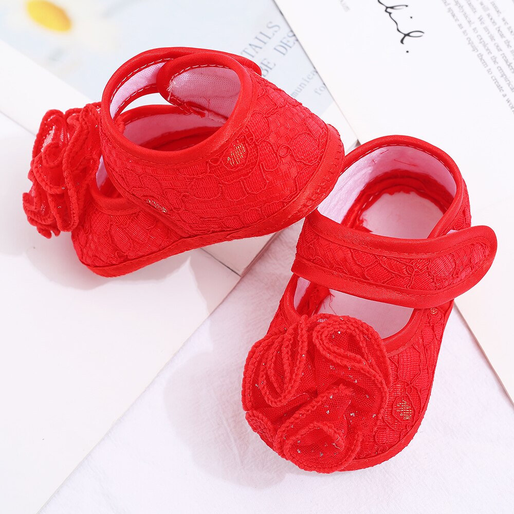 Bébé filles chaussures couleur unie princesse dentelle fleur chaussures semelle souple enfant en bas âge chaussures pour 0-1 an