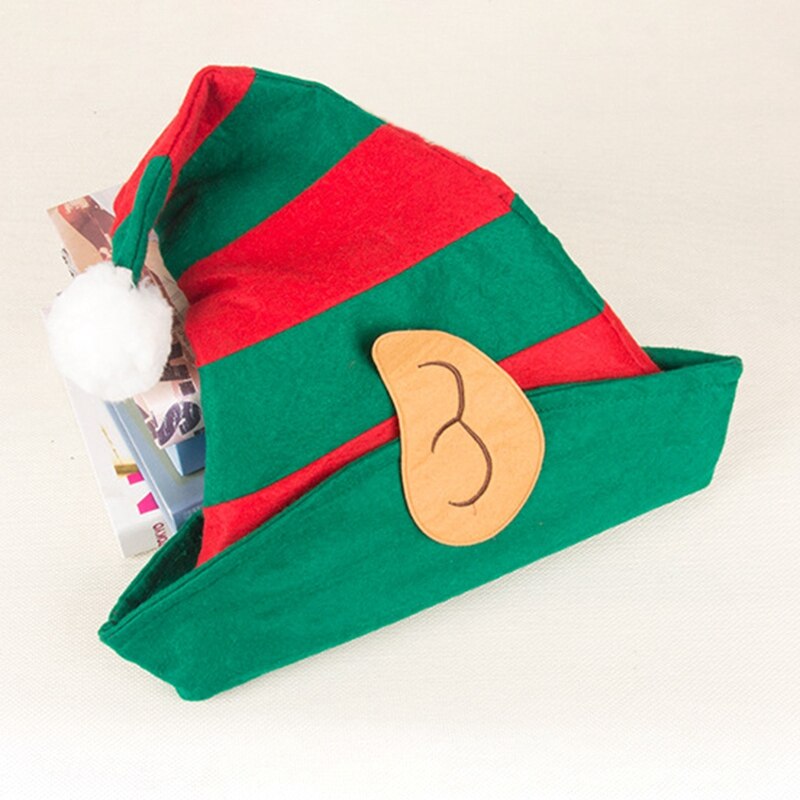 --Christmas Elf Hat Adults with Ears Red Green Striped One Size Fits Most Non-Woven Elf Hat with Ears