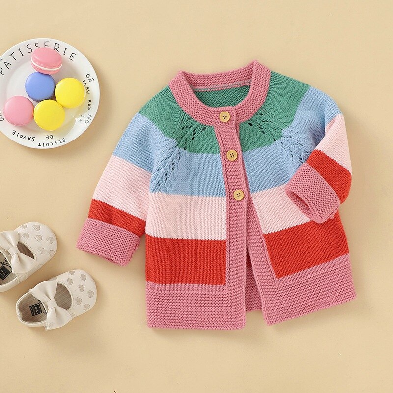 Hiver enfants pull décontracté bébé fille arc-en-ciel rayé imprimé coton tricoté vêtements d'extérieur 0-18M