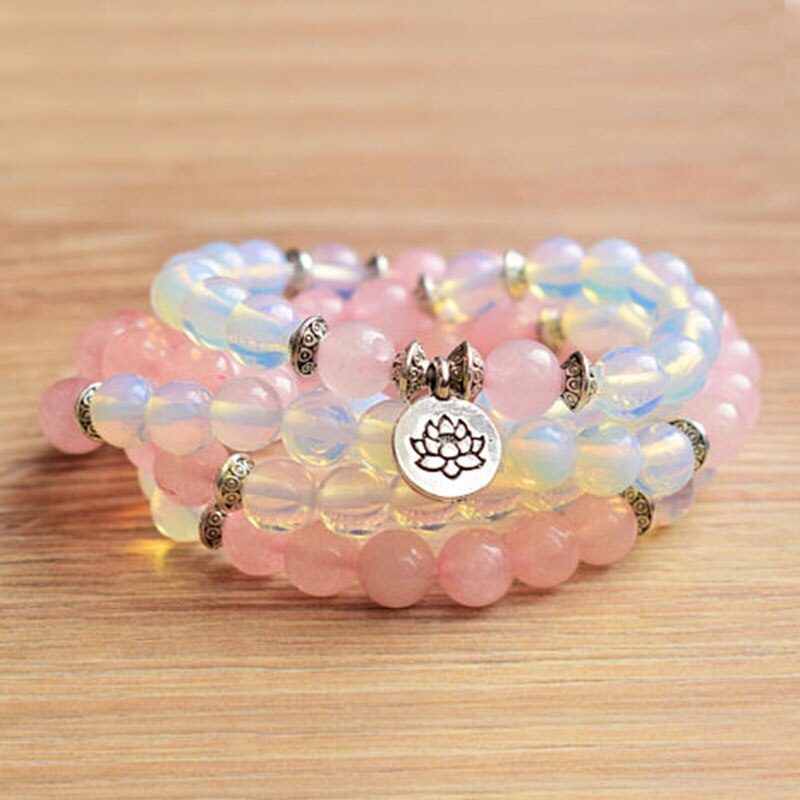 108 Spiritual Stones Natural Ge-mstone Mala Fertility Opalite RoseQuartz Bracelet Womens Wrap OM bracelet lotus mala: lotus