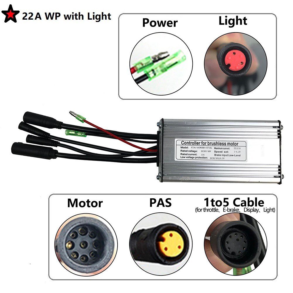 RICETOO-mando para bicicleta eléctrica, controlador de 36V/48V, Squarewave 15A/17A/22A para Ebike, Motor de 250W/350W/500W con enchufe de luz: 22A WP