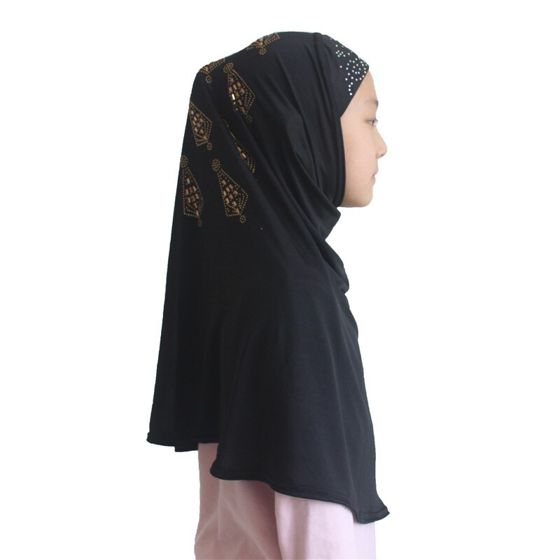 Muslimska flickor hijab islamiska halsdukar sjalar mjukt stretchmaterial för 7 to 14 år gamla tjejer med skönhetsdiamant fint mönster: Svart