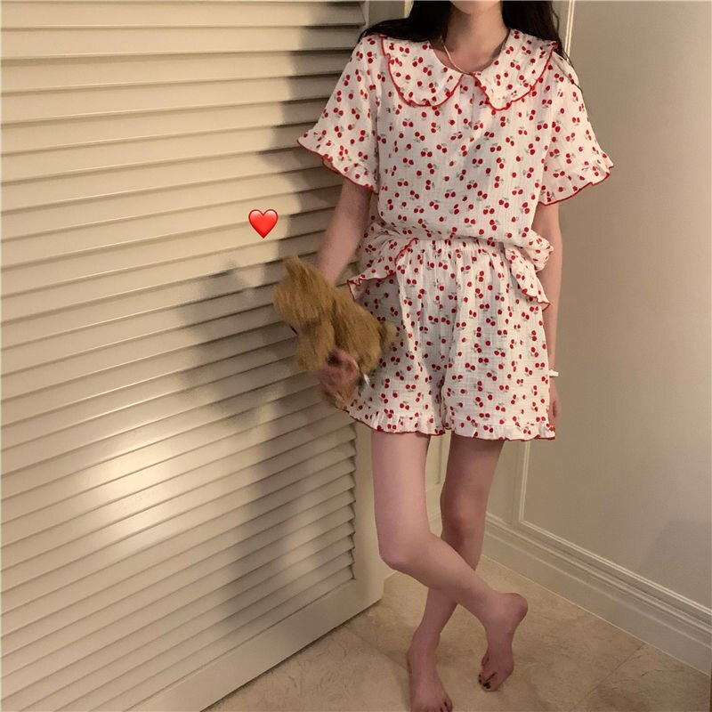 Qweek bomuld nattøj koreansk pyjamas til kvinder sommer pyjamas kirsebær print pyjamas kvinde sæt kvinde 2 stykke sød loungewear