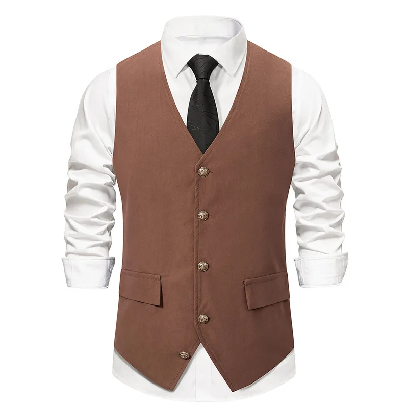 Men's Medieval Retro Suit Vest Formal Dress Vest Men Casual Solid Sleeveless V-neck Jacket Wedding Party Waistcoat: S / Brown