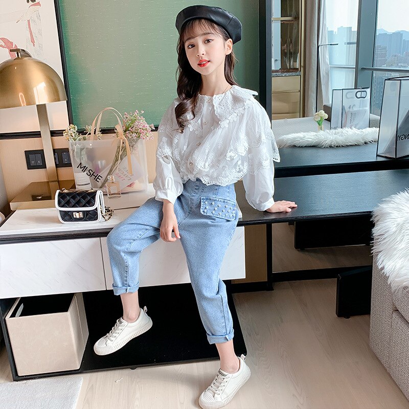 Camisa de encaje bordado para niña adolescente, Blusa de manga larga abombada de algodón con volantes para niña, blusas informales blancas para niño