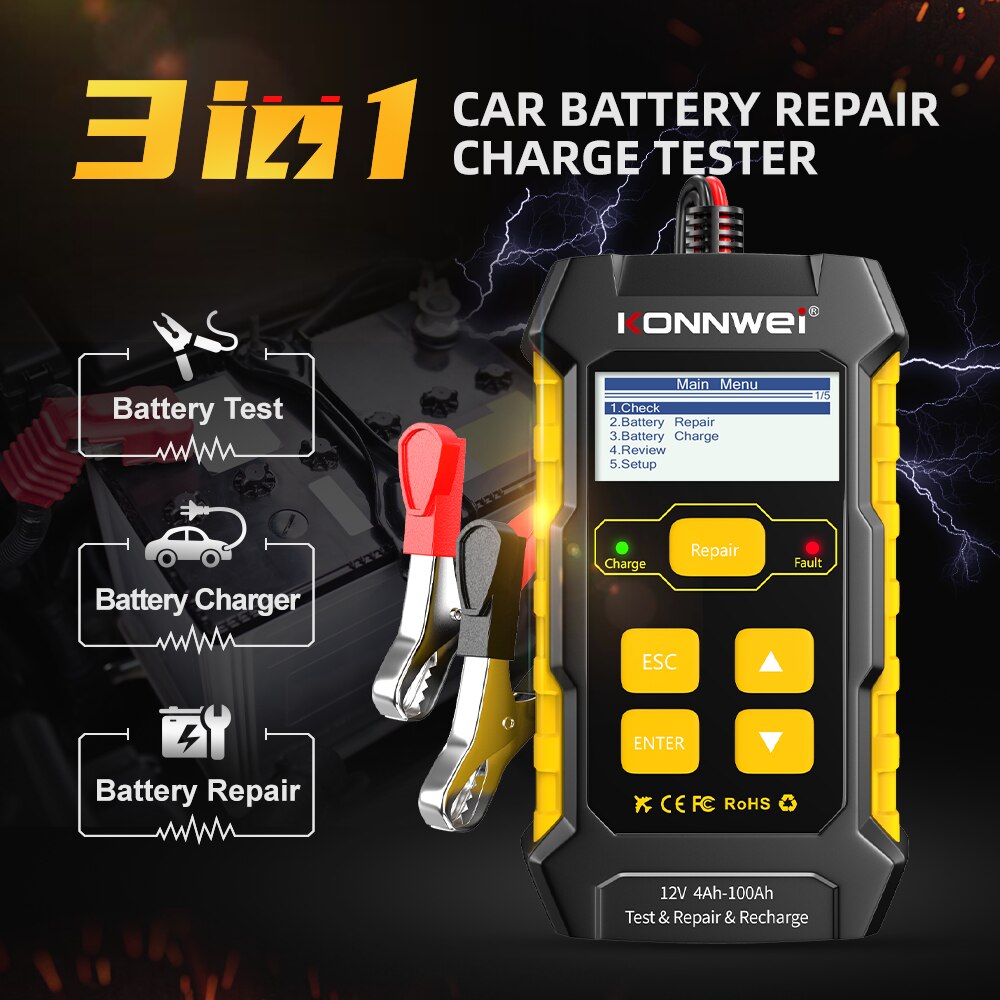 KONNWEI-probador de batería de coche KW510, 12V, 5A, cargador de reparación de pulso, húmedo, seco, ácido de plomo, herramienta de reparación de batería de coche completamente automática