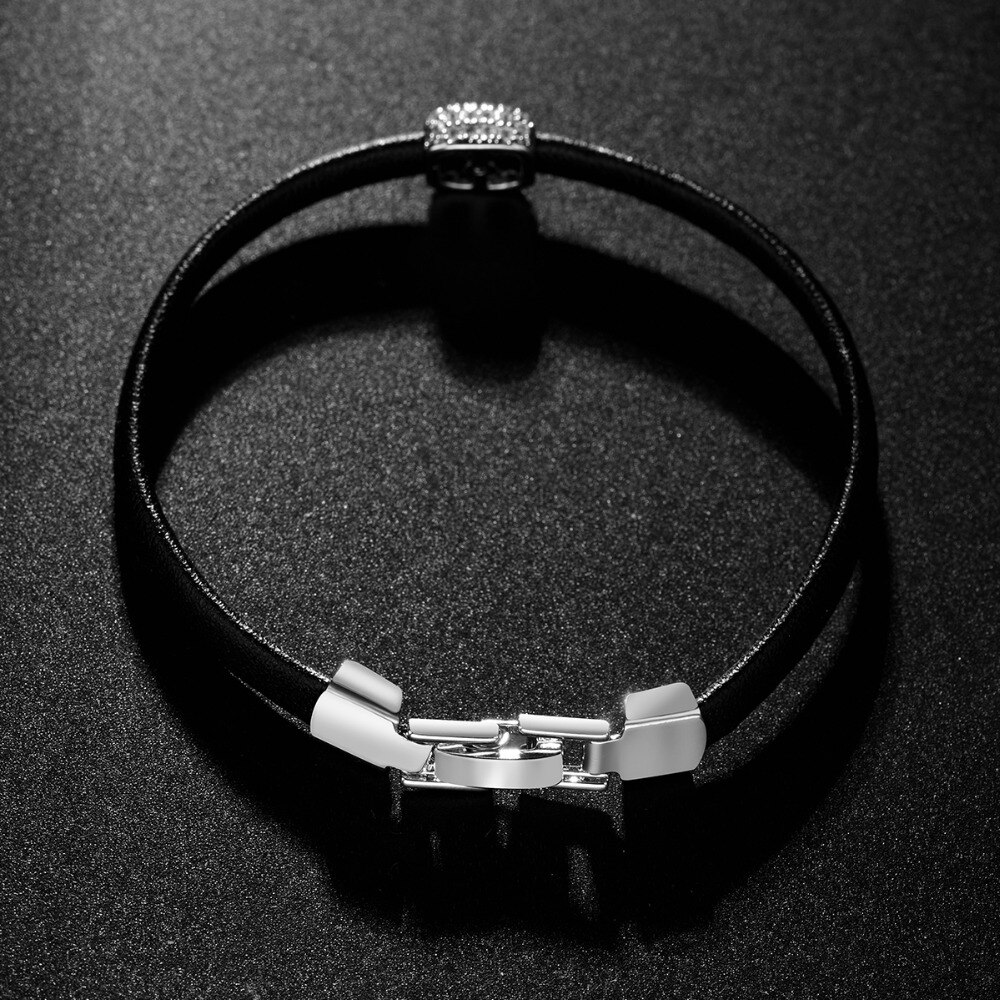 LUOTEEMI Trend Leather Simple Geometric Zircon Bead Handmade Charm Bracelets &amp; Bangles for Women Trendy Black PU Leather Jewelry