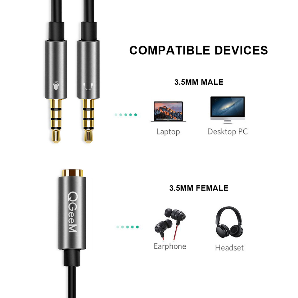QGeeM Splitter Hoofdtelefoon voor Computer 3.5mm Vrouw naar 2 Mannelijke 3.5mm Mic Audio Y Splitter Kabel Headset naar PC Adapter AUX Kabel