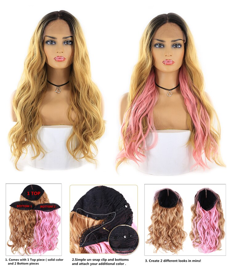Split Color 2 Part Splice Wig Ombre Brown and Pink Trendy Lace Front Wigs Long Natural Wave Hair X-TRESS Heat Resistant Fibre