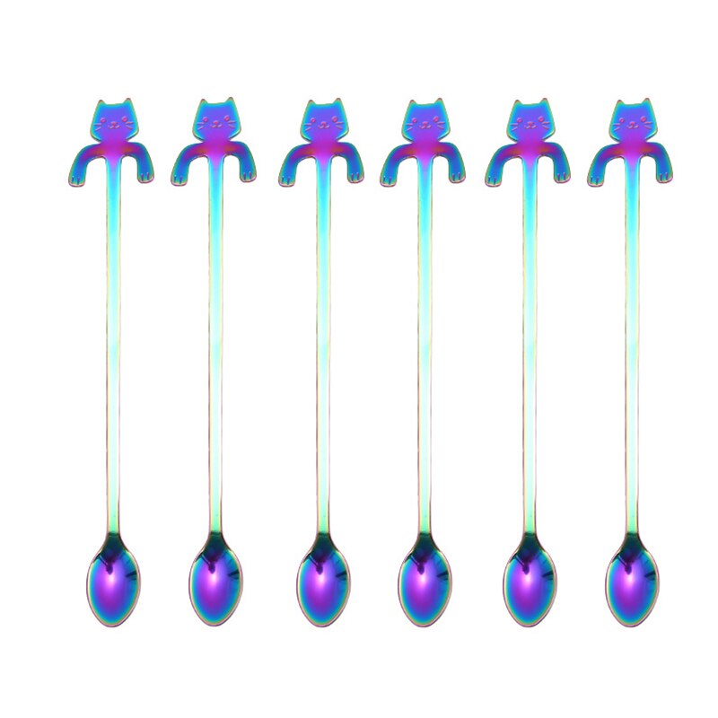 6 pcs Mini Cute Coffee Spoon 12cm 17 cm 304 Stainless Steel Cartoon Cat Spoon Teaspoon Dessert Snack Scoop Milk Spoons Tableware: Rainbow 20cm 6 PCS