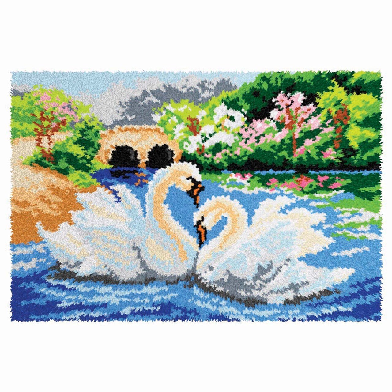 Latch Hook Kits Swans Wall Hanging DIY Carpet Rug Pre-Printed Canvas with Non-Skid Backing Floor Mat 90x60cm