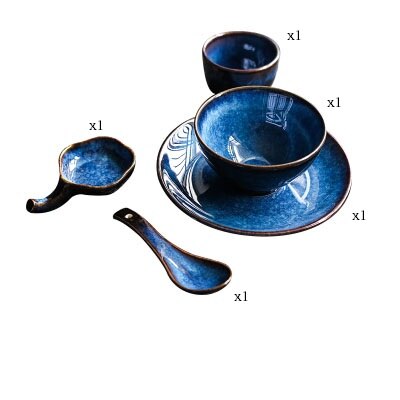 KINGLANG Tiefe Blau Keramik Geschirr 1 Person Porzellan Geschirr Abendessen einstellen Platte Schüssel Tasse Soße Gericht: 5Stck einstellen