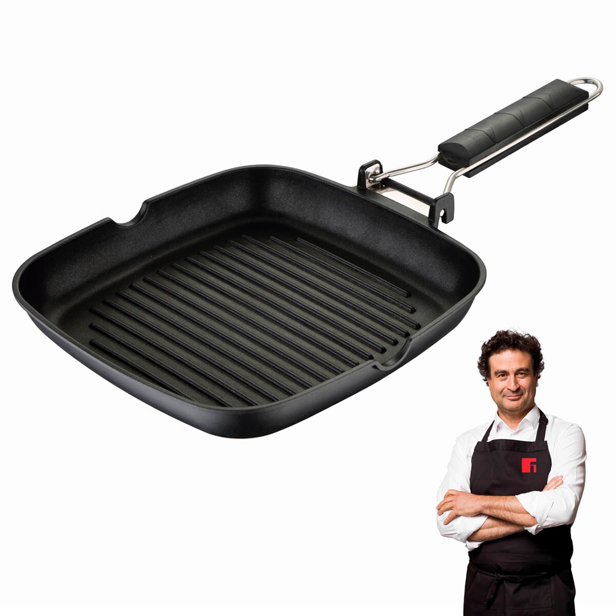 Asador de Bergner, aluminio fundido, 24X24X3.7cm, revestimiento antiadherente duradero, base de inducción por puntos, mango plegable, calor uniforme, asador, grill, plancha de cocina