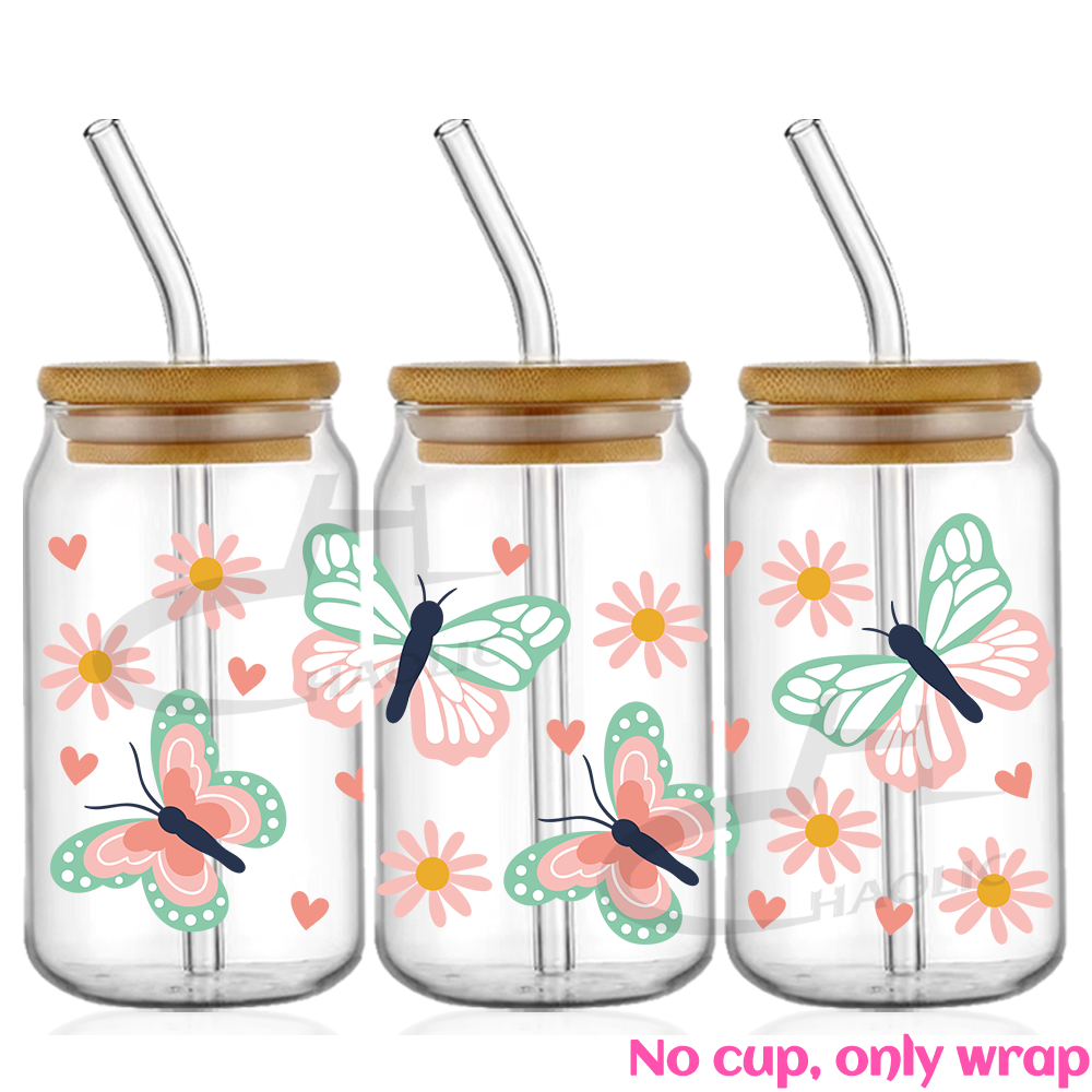 Hermosa mariposa flor UV DTF tazas envoltura pegatina DIY etiqueta transferencia pegatina impresión impermeable