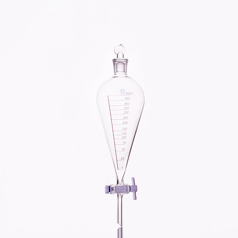 Separatory funnel pear shape,with ground-in glass stopper and stopcock,With tick marks,Capacity 500ml,PTFE switch valve