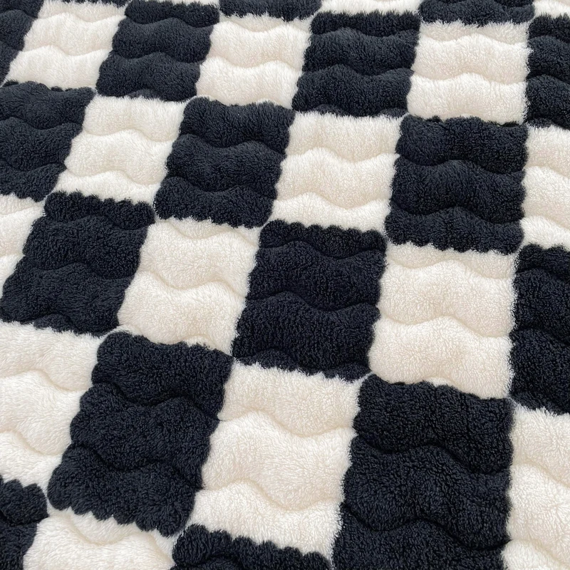 WASART Soft warm plush mattress protector cover winter couple 2 people black white plaid elastic fitted sheet bed protection pad