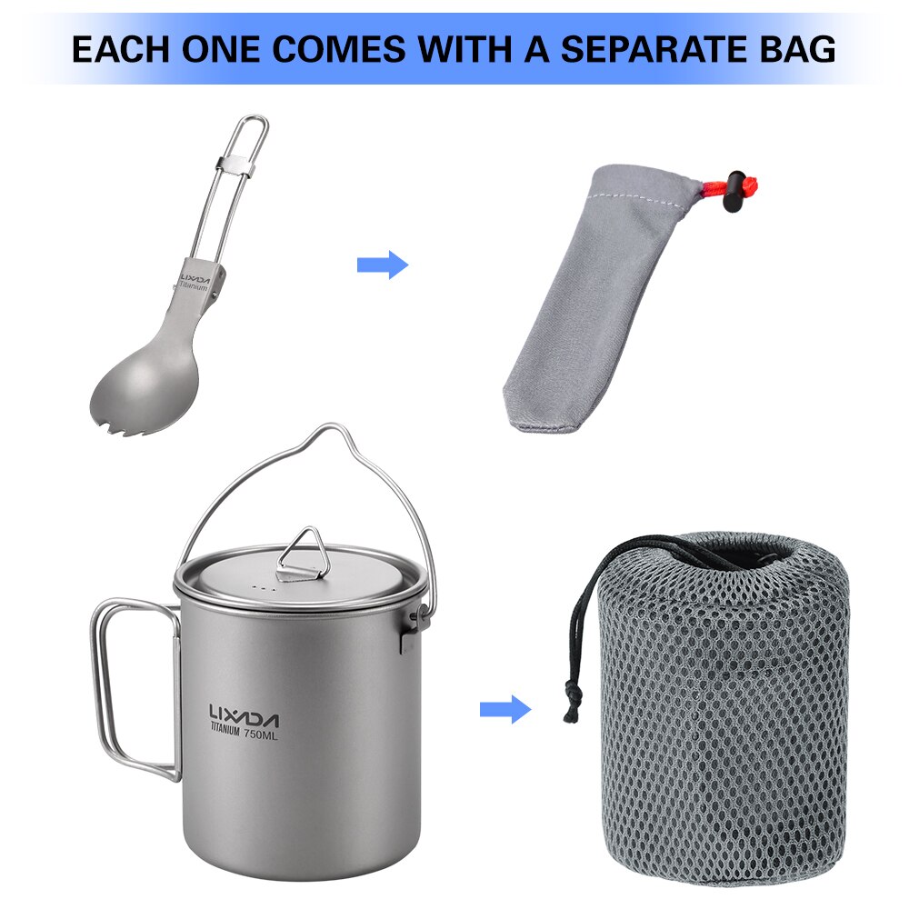 Lixada Ultralight 750Ml Titanium Cup Kookgerei Outdoor Camping Draagbare Water Cup Mok Servies Koken Pot Met Vouwen Spork