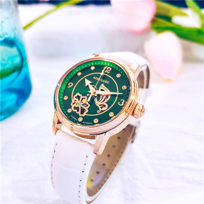 AOKULASIC Elegante dames automatische mechanische horloges Skeleton-horloges Dames luxe horloge van Waterdichte klok