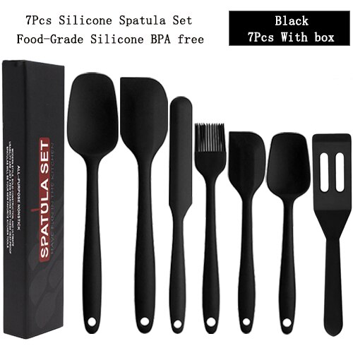 Kitchen Spatula Set BPA Free Silicone Scrapers Spoon Non-Stick Silica Cake BBQ Heat Resistant Cooking Utensils Baking Tools: 7pc Black Set--K1