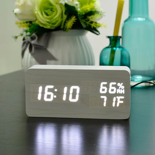 FiBiSonic Modern Simple LED Alarm Clock Temperature Humidity Show Clock Desktop Electronic Sound Control Digital Clocks Table De: white with white