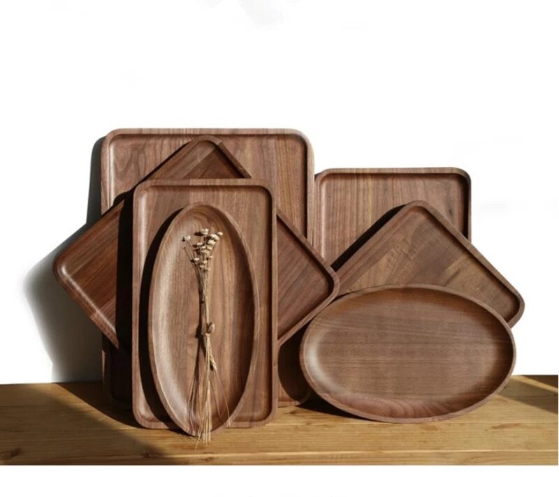 Round Retangle Oval Shape Walnut Wood Pan Plate Fruit Dishes Saucer Tea Tray Dessert Dinner Bread Wood Plates