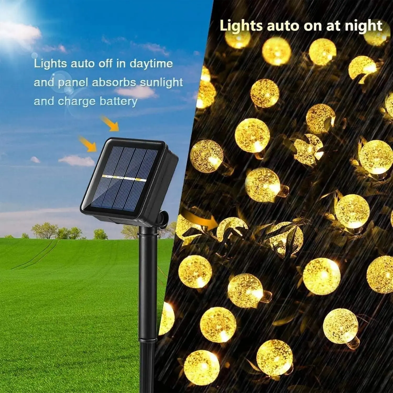 Luzes solares da corda ao ar livre 50 luzes conduzidas da bola de cristal com 8 modos à prova dwaterproof água solar conduziu luzes solares exteriores