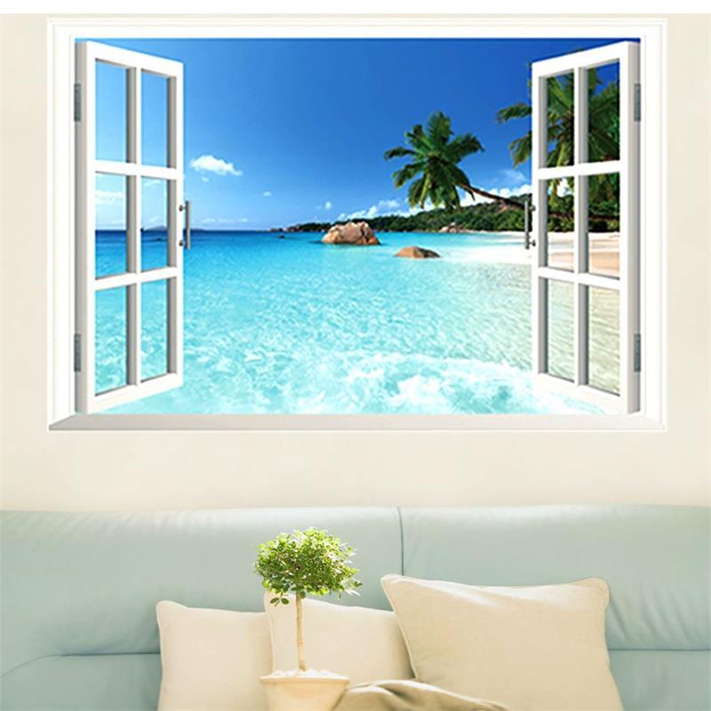 3D View Window Summer Beach Wall Stickers For Living Room Bedroom Decoration Home Decals PVC Scenery Mural Art Landscape Poster