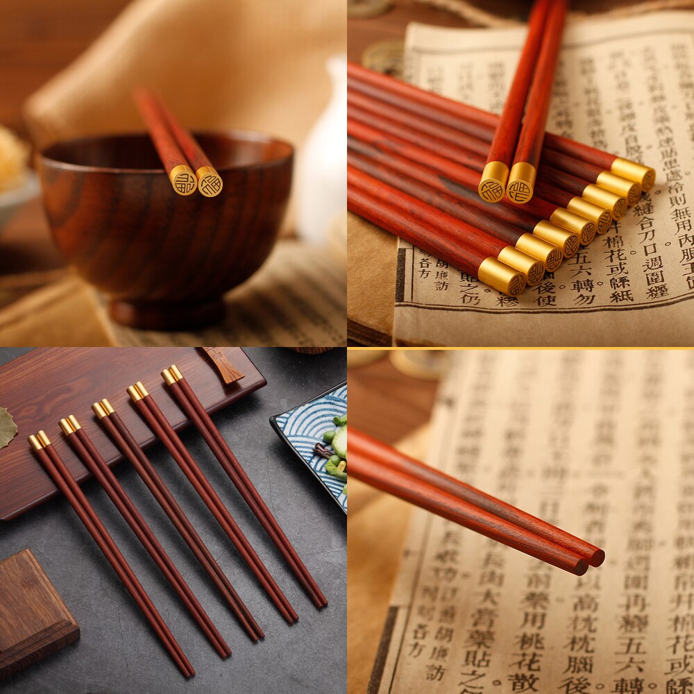 VIP Boutique Box 5 Pairs Red Sandalwood Chopsticks 5PCS Chopstick Rest Solid Wood Pure Copper&quot;FU&quot; Chopsticks Top