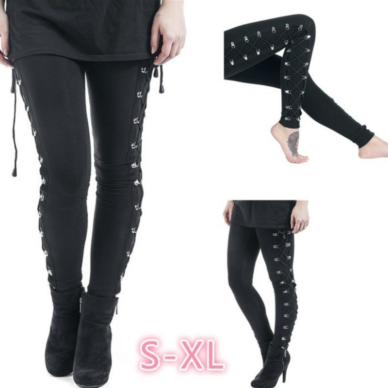 Gothic Street Style Leggings Frauen Dünne Schwarze Hosen Hohe Taille Butt Lifting Lace Up Leggings Outdoor Walking Hosen