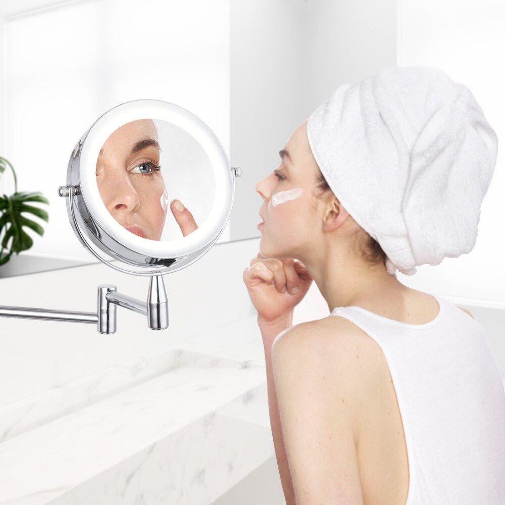 Wall Mounted Adjustable Makeup Mirror Bath Led Mirror 6 Inch 1X/5X Magnification Dual Arm Extend 2-Face Cosmetic Mirror