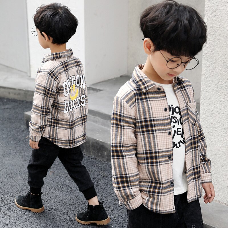 Jongens 4-12 Y Lange Mouwen Turn-Down Kraag Plaid Shirts Letters Patroon Warme Fleece Lente Herfst blouses Shirts