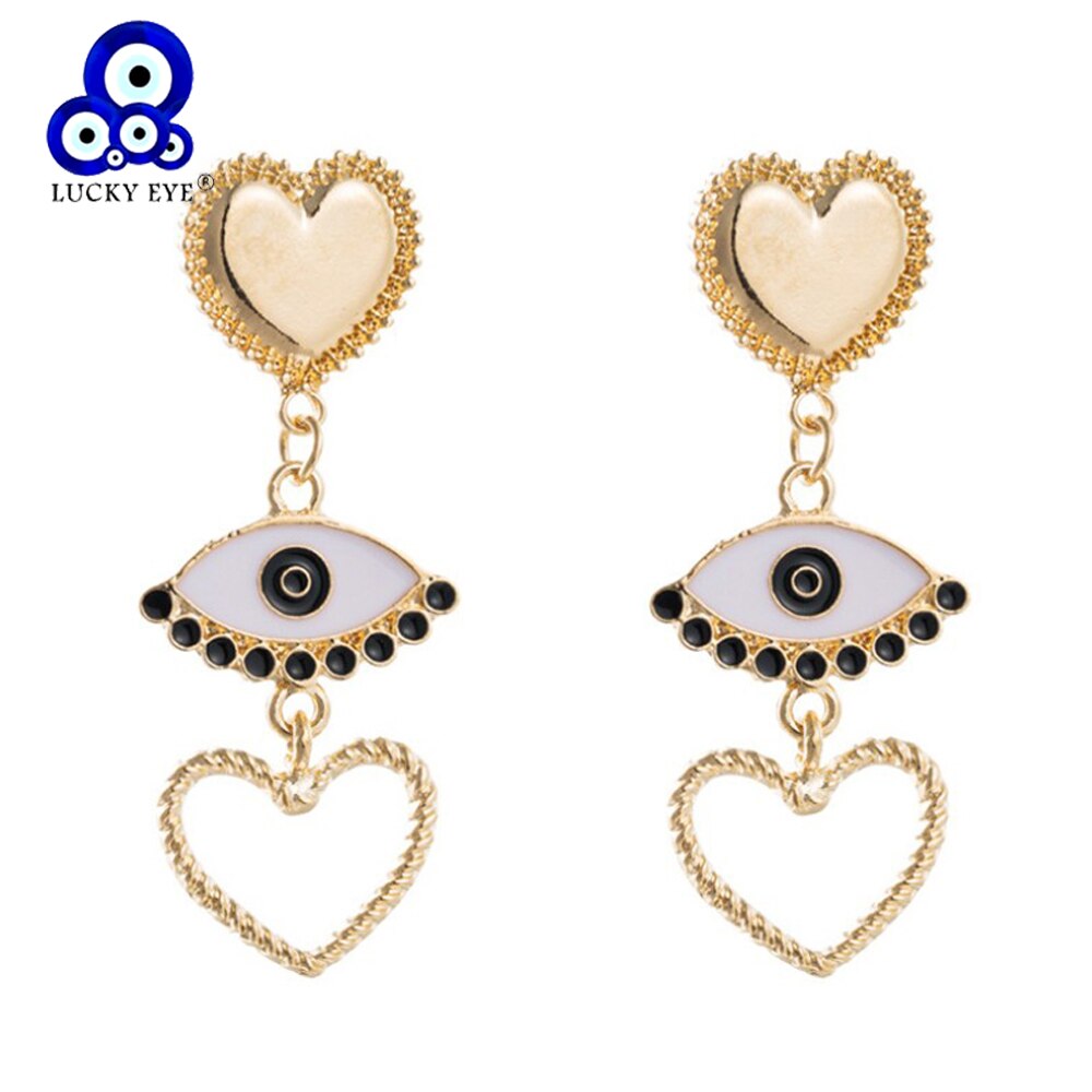 Lucky Eye Heart Turkish Evil Eye Charm Earrings Alloy Gold Color Long Dangle Earrings for Women Girls Jewelry LE445