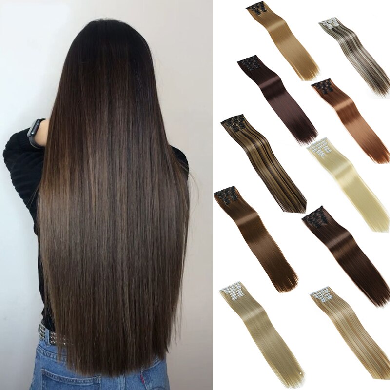Dianqi Haar Clip In Synthetische Hair Extensions 22 Inch Steil Haar Clips Voor Vrouwen Pure Kleur Hoge Temperatuur Fiber