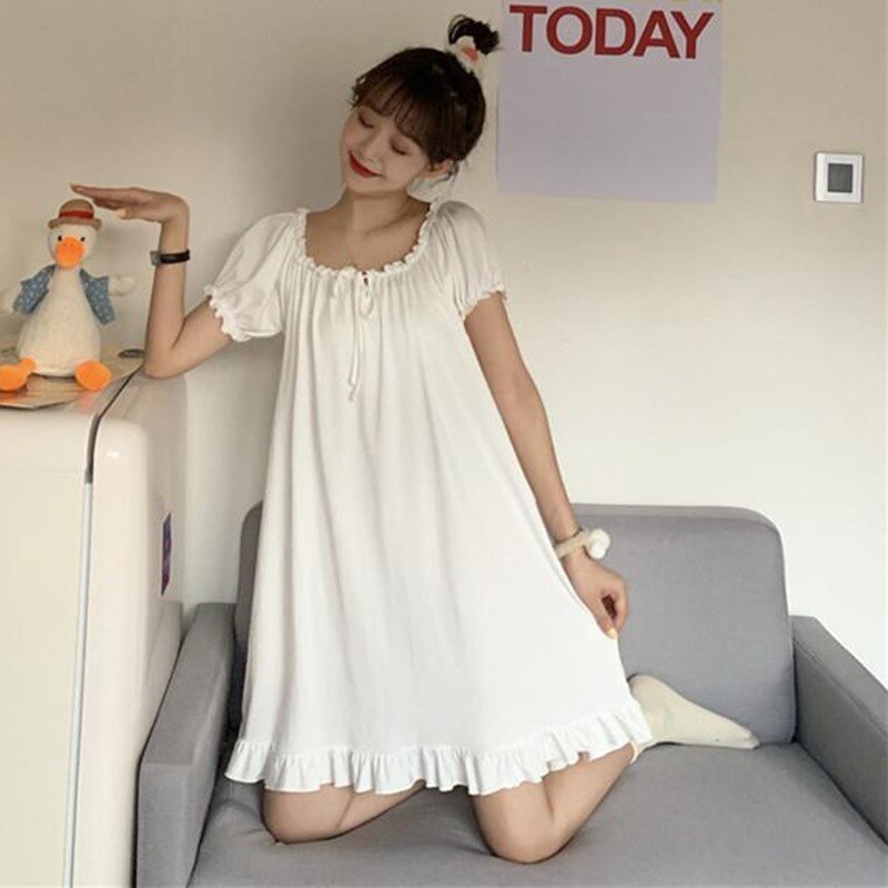 Nightgowns Women Summer Ruffles Lovely Girls Solid Nightwear Knee-length Loose Comfortable Ulzzang Basic Casual Popular Clothing