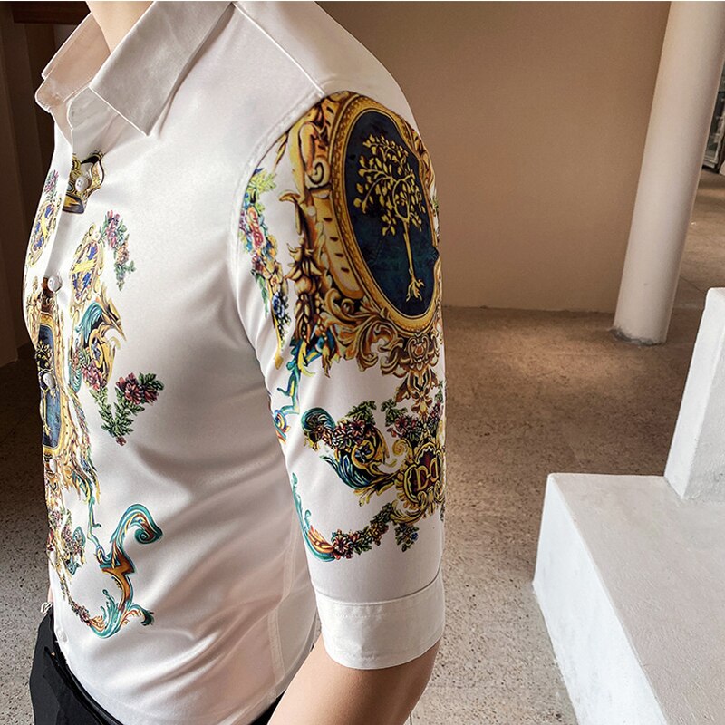 Skjorte med blomstertrykk tilfeldig slank passe luksusskjorte herre merke hvit svart halvermet sosiale skjorter herre pluss størrelse m -4xl