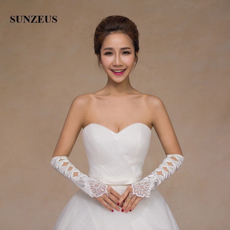 Elegante lange zwarte bruiloftshandschoenen ellebooglengte dames vingerloze trouwjurk applique satijnen dans kopen vanaf een prijs van 2.97