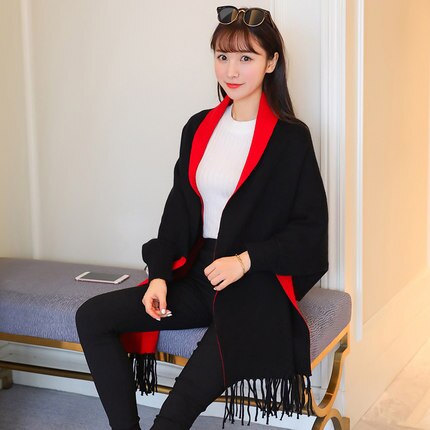 Kmetram otoño e invierno mujer suéter cárdigan poncho de punto con borlas sueltas para bodas de mujer suéter con capa y chal con mangas de murciélago  hh589: Negro con rojo