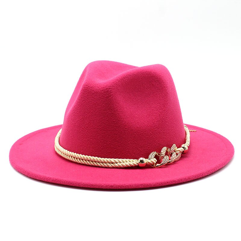 Chapeau fedora noir/blanc à large bord en feutre pour homme et femme, en mélange de laine artificielle, simple, église, derby, haut-de-forme, panama, solide, jazz, casquette: rose Pink