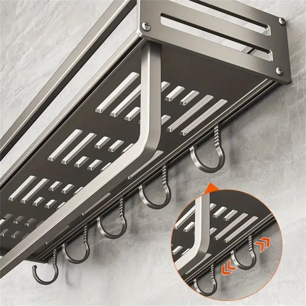 Aluminum Wall-Mounted Spice Rack Multifunctional Item Storage Shelf Kitchen Tools Storage Hooks Space Management Solution