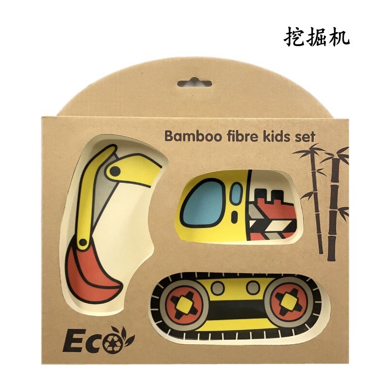 Baby bambu skål barn servis set tecknad bil baby mattallrik baby träning skål sked gaffel för barn med låda wxy 003: Wxy 003c