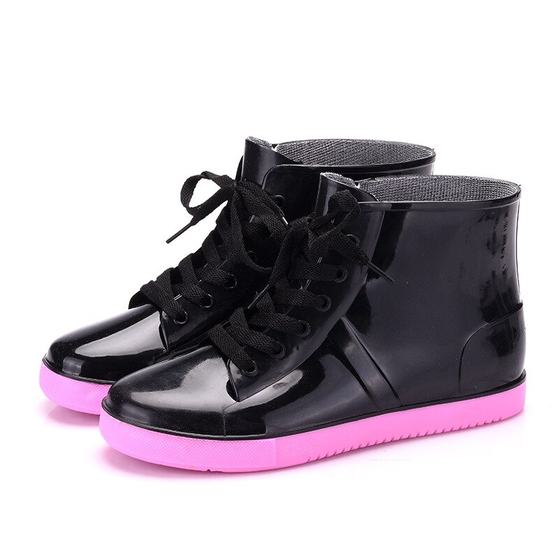 PVC Frauen transparent Regen Stiefel Gummi Spitze hoch Frauen Stiefeletten Wasserdicht lässig Komfort Damen Stiefel Schuhe: Schwarz Rose