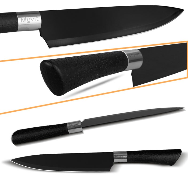 Chef Knives Set Stainless Steel Paring Utility Santoku Chef Slicing Bread Knives Black Blade Kitchen Accessories Set Tools
