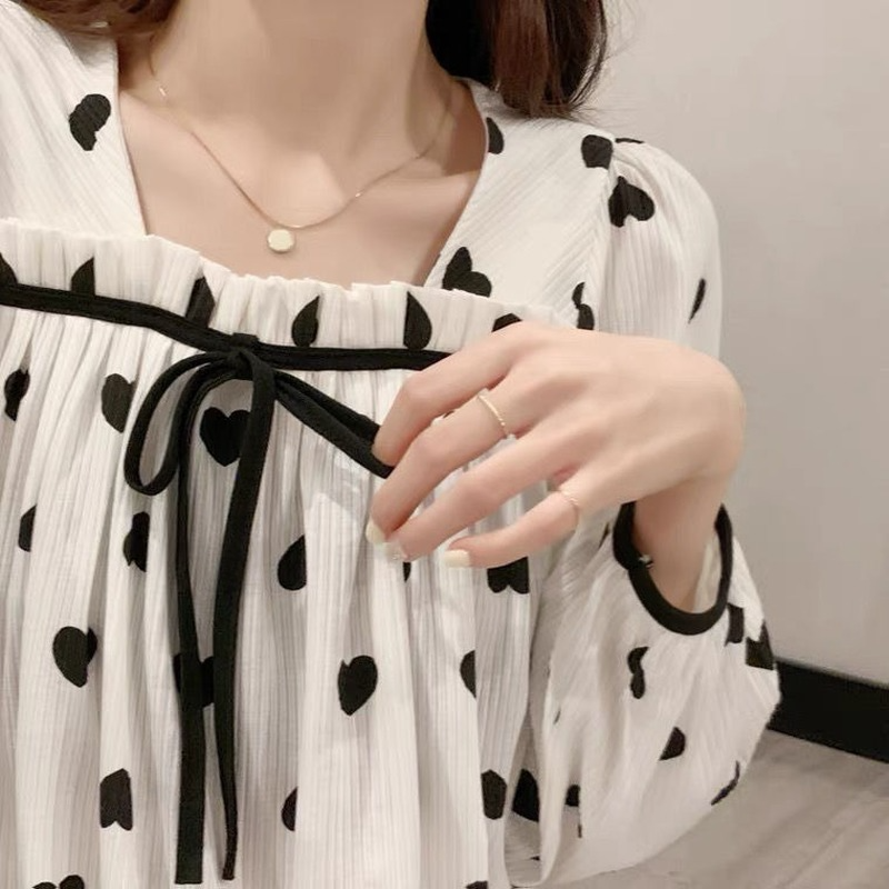 Conjunto de pijama de manga larga para mujer, ropa de dormir sencilla con cuello cuadrado y lazo, cómoda, holgada, informal, 2 piezas