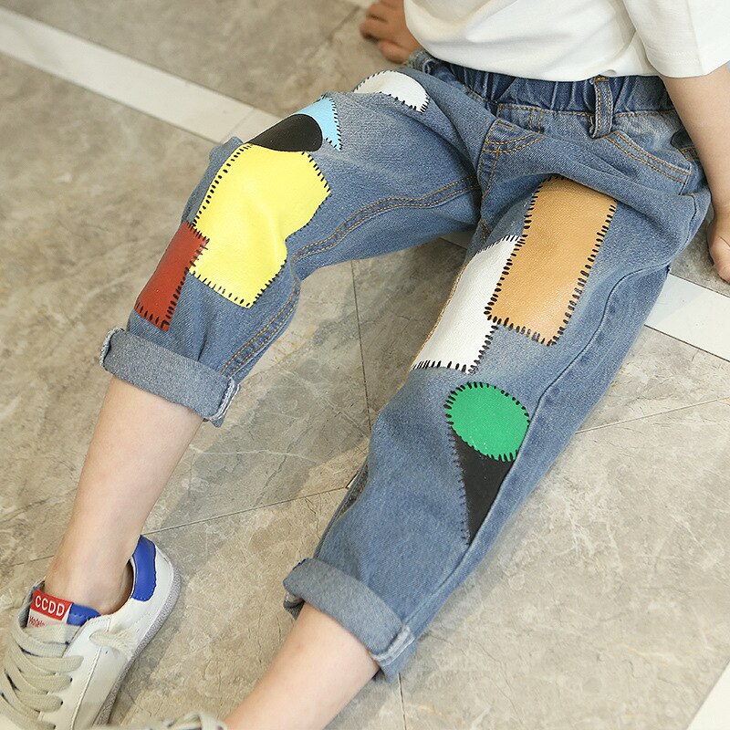 Baby Girl Jeans Summer Geometric Denim Pants Cotton Kids Boys Clothes 3-14Years Teenage Blue Jeans Trousers