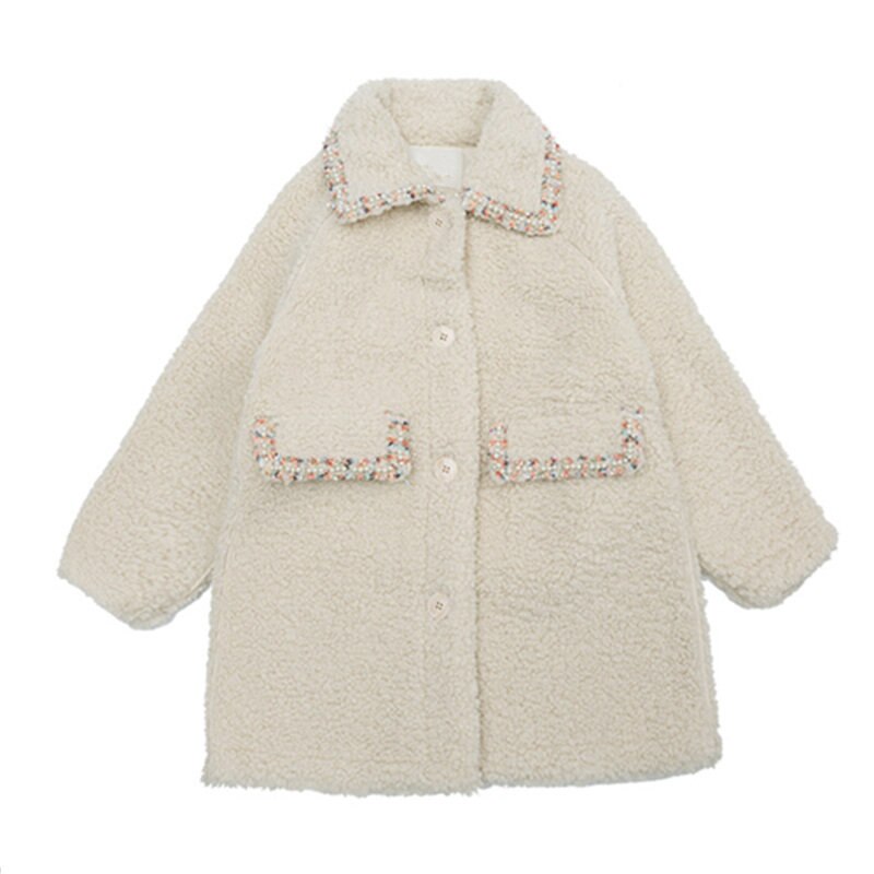 Baby Mädchen Winter Jacken fest Weiß Grün Lämmer Wolle Kleidung freundlicher Warme Vlies Oberbekleidung freundlicher Langen Mantel 4-13Jahre: Beige / 4